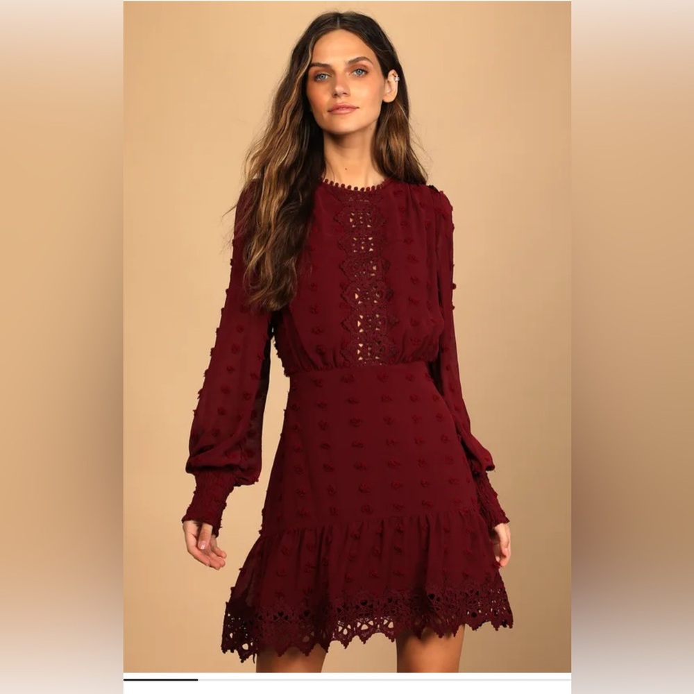 Lust or Love Wine Red Embroidered Lace Long Sleeve Dress Size Small